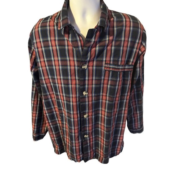 Majestic International red white blue plaid long sleeve button up shirt size M f - Picture 4 of 6